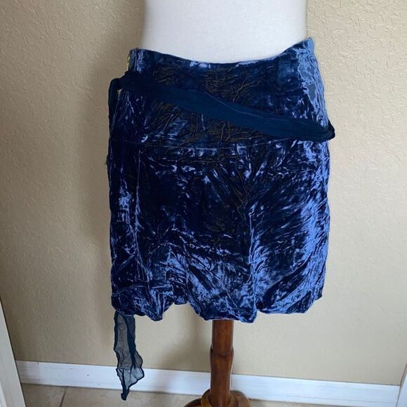 Samantha Treacy blue/yellow silk/velvet skirt w/long belt tie Sz 10 - Picture 4 of 8